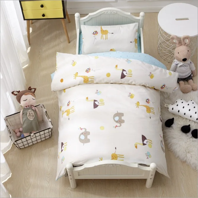 3Pcs 100% Cotton Crib Bed Linen Kit Cartoon Baby Bedding Set Includes Pillowcase Bed Sheet Duvet Cover Without Filler