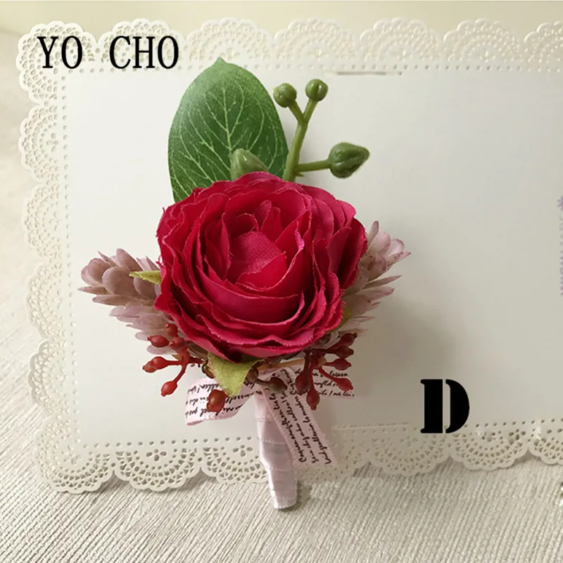

YO CHO Wholesale Vivid Best Man Corsage Groom Groomsman Silk Rose Flower Wedding Suit Boutonnieres Accessories Pin Brooch Decor