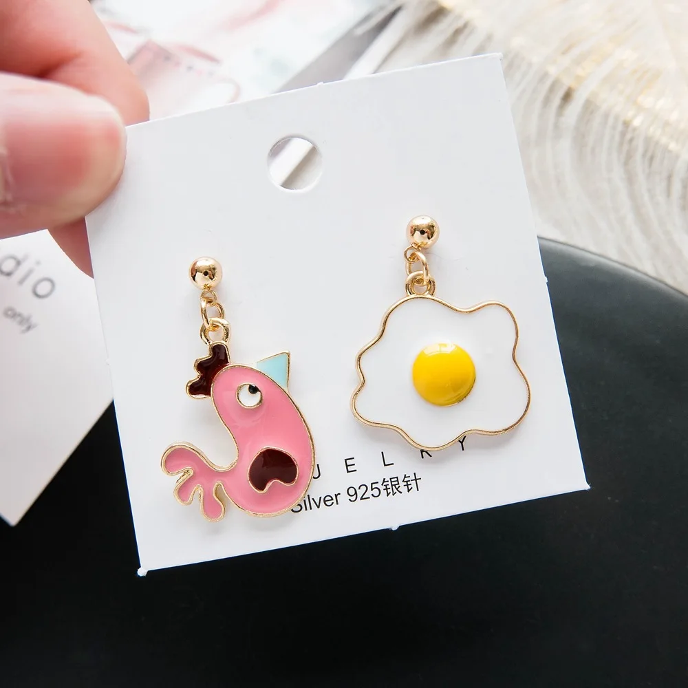 SUKI Cartoon Animal Chicken Enamel Earring Fried Eggs Cute Funny Women Alloy Asymmetric Drop Earrings Novelty Personalized Gifts | Украшения