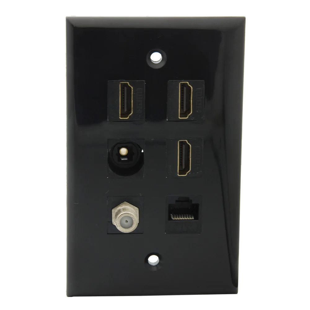 

1 Gang Solid Style Black Color 3 Ports HDMI 1 Port CAT6 RJ45 1 Port Toslink 1 Port F RG6 Coaxial Female To Female Wall Plate