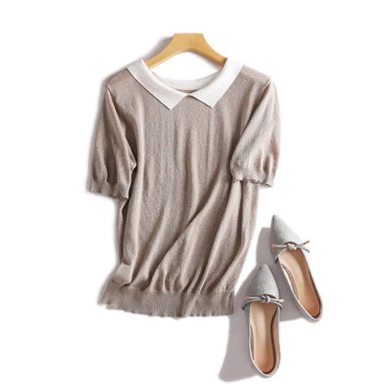 Вискоза нейлон смесь отложной воротник вязать женщин мода твердые тонкие