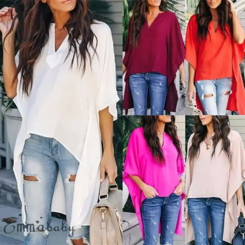 Женская Асимметричная футболка Повседневная однотонная свободная большого
