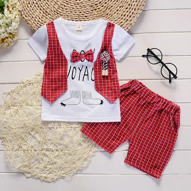 

Baby Boys Clothing Set Summer Boys Cotton Plaid Bow Tie T-shirts And Shorts 2Pcs Suit Toddler Gentleman Set Kids Party Clothes