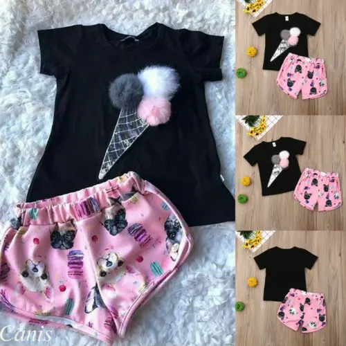 pudcoco 2019 Children Clothing Suits For Girls Clothes Kids Toddler Enfant Fille Infantis Outfits Ice cream Print T-shirt+Shorts | Детская