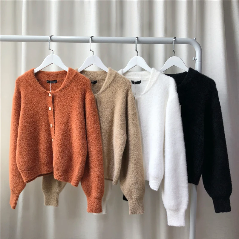 OLN женский свободный однотонный плюшевый кардиган с круглым воротником новый