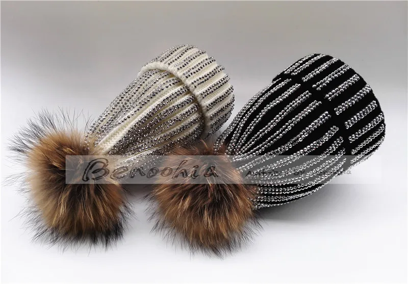 Зимняя женская Шапка бини в блестящем стиле|skullies cap|hat real furreal fur pom |