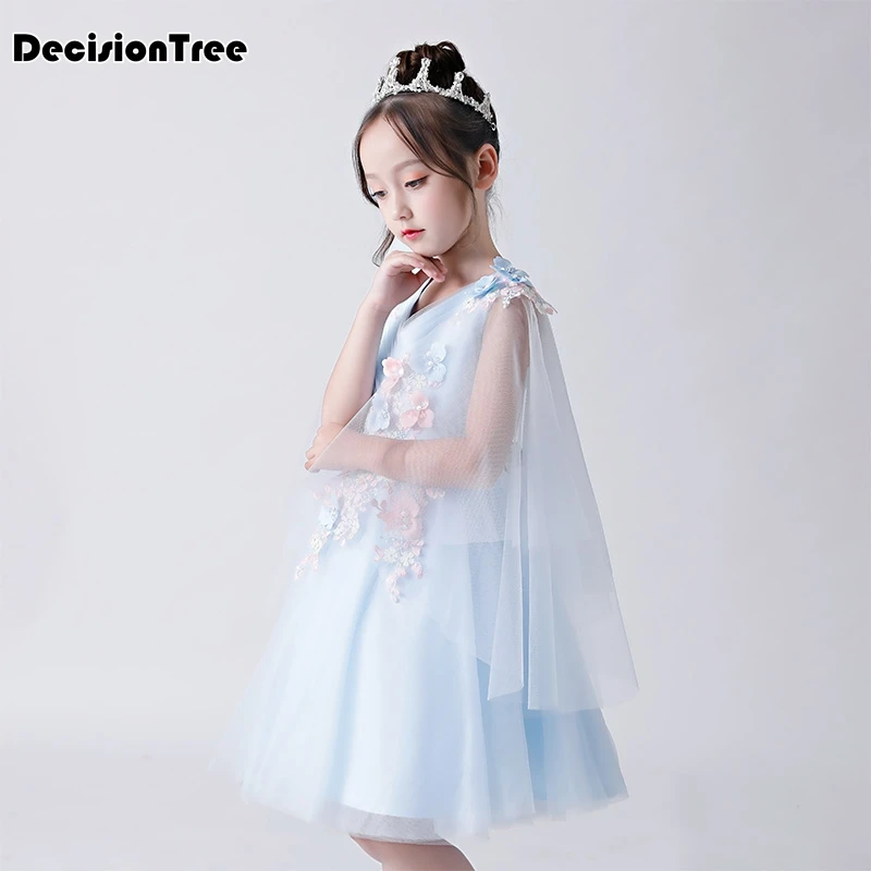 

2019 new girls teenage birthday party dress elegant floral princess ball gown blue lace flower tutu dress for weeding kids