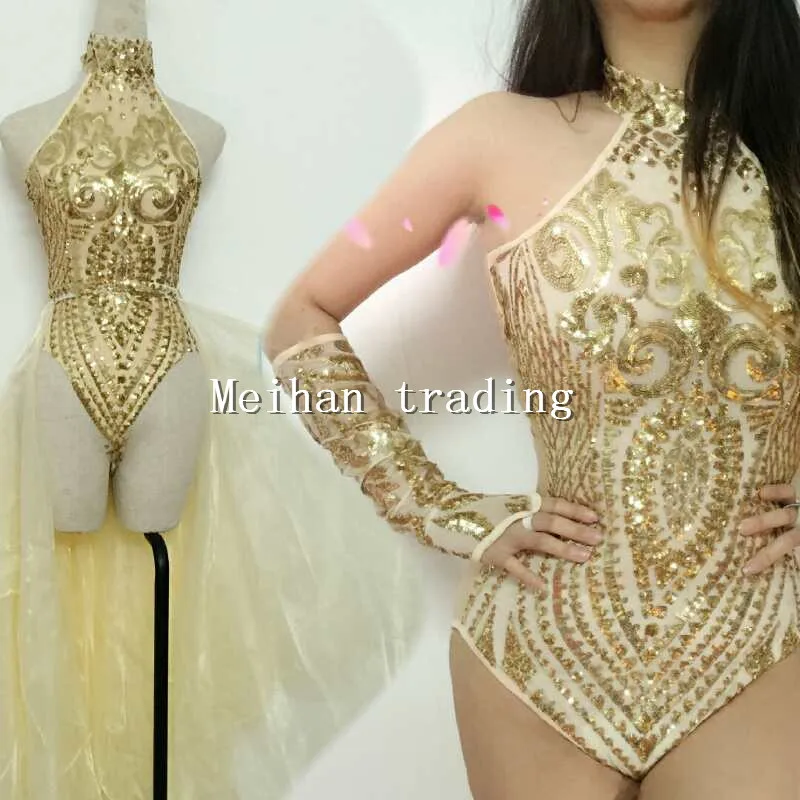 Gold Sequins Bodysuit Flashing Two-piece Outfit Shining Sexy Birthday Party Costume Celebrate Show Women Evening Dance Wear