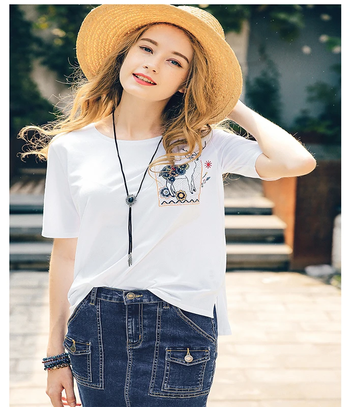 

2018 летняя футболка с коротким рукавом, однотонные футболки с вышивкой, футболка с круглым вырезом, Женская свободная футболка с цветочным п...