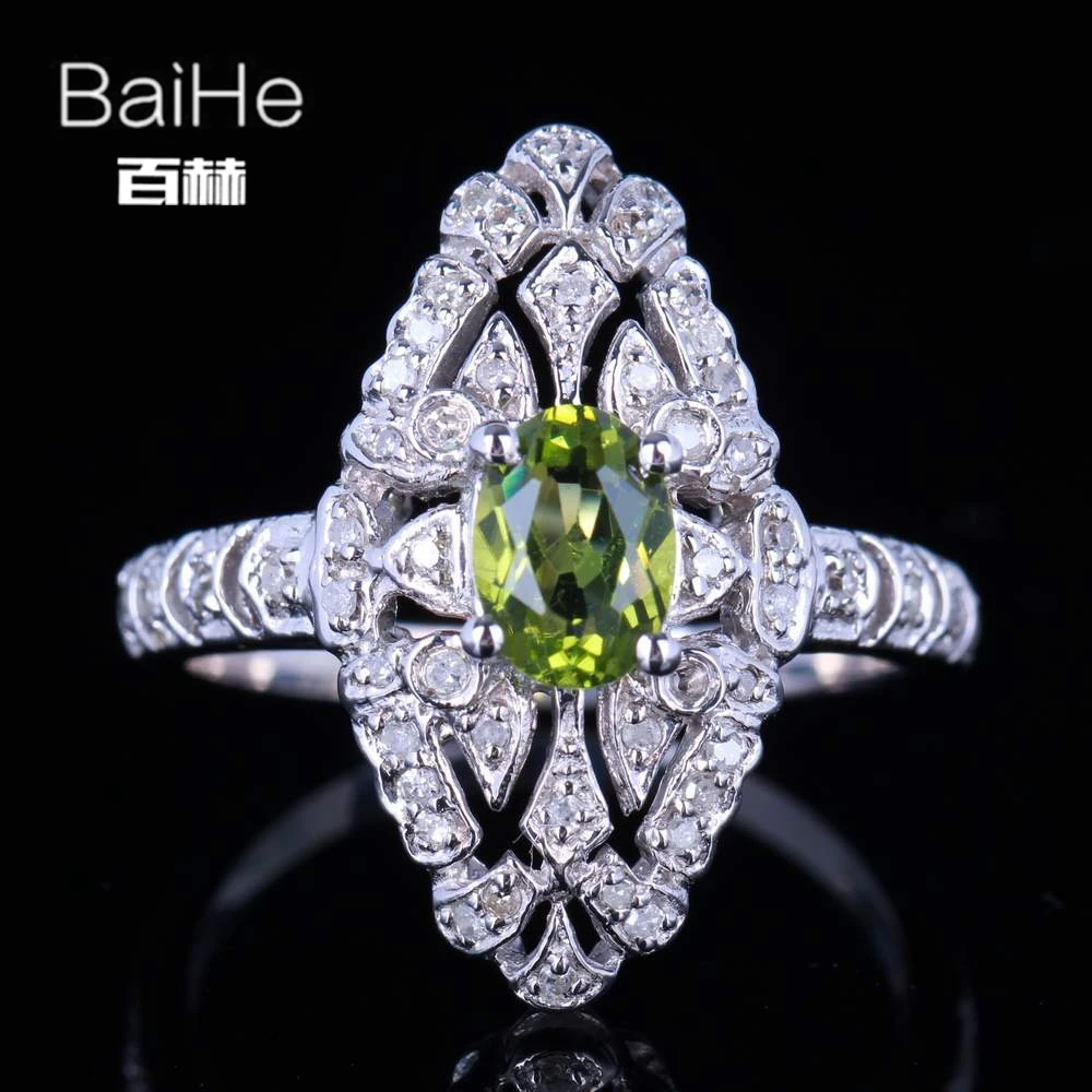 BAIHE стерлингового серебра 925 0.8ct сертифицированных безупречный овальный cut Подлинная Перидот Свадебные Для женщин офисные/Карьера Fine Jewelry уникальные кольца