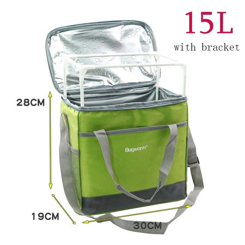green 15L bracket 15L 25L утолщенная сумка-холодильник, большая Термосумка для пикника, Ланч-бокс, теплоизоляционная сумка на плечо, сумка для льда, еды, напитков, вина, крутая сумка - Цвет: green 15L bracket