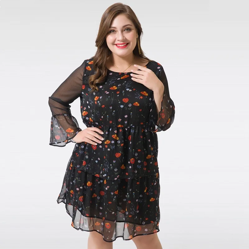 Summer Chiffon Floral Print Women Dress Sexy Female Voile Long-Sleeve Double Ruffle Elegant Casual Short Plus Size Party Dresses | Женская