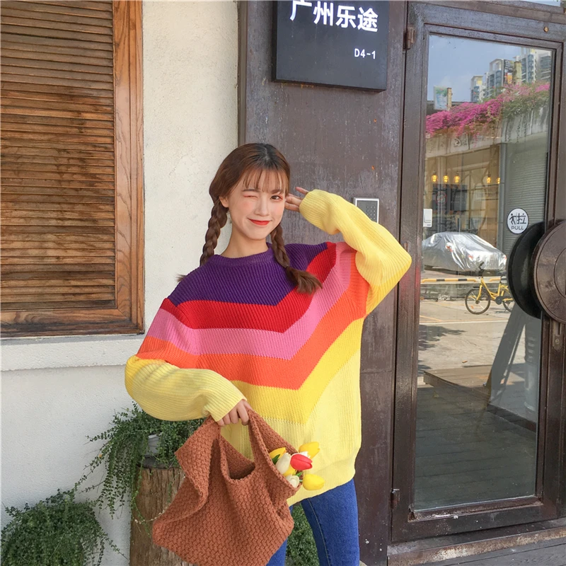 RUGOD 2018 Радужный полосатый лоскутный Женский вязаный свитер Свободный стиль