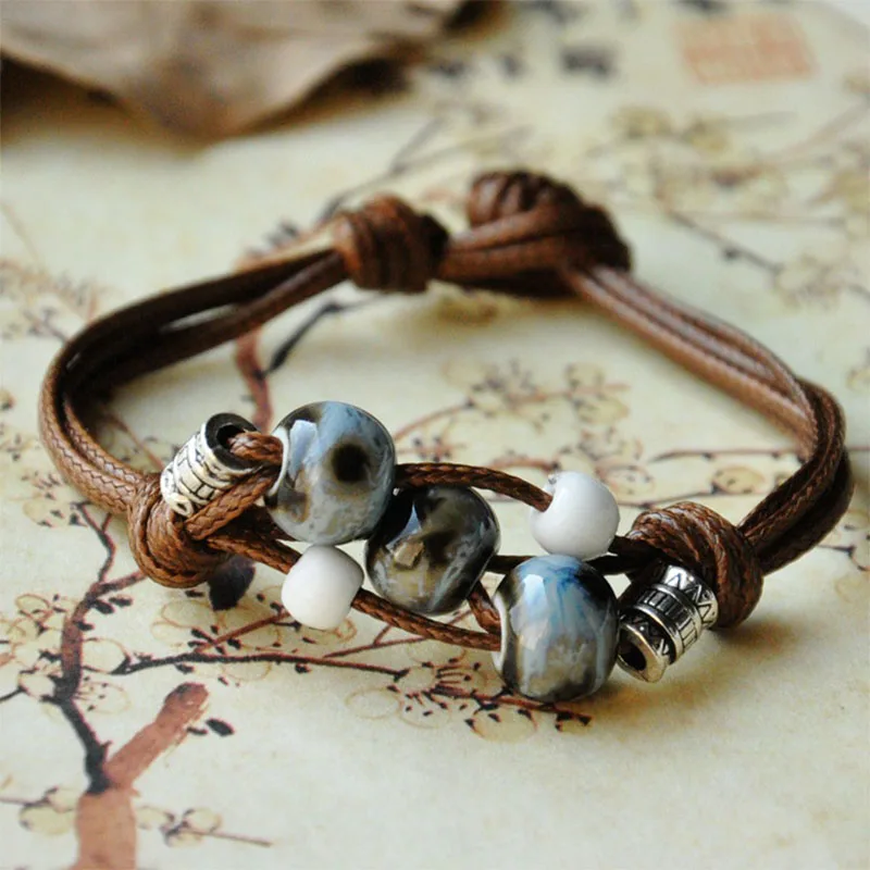 Керамические бисерные браслеты античные серебро бусины шарм плетение веревка