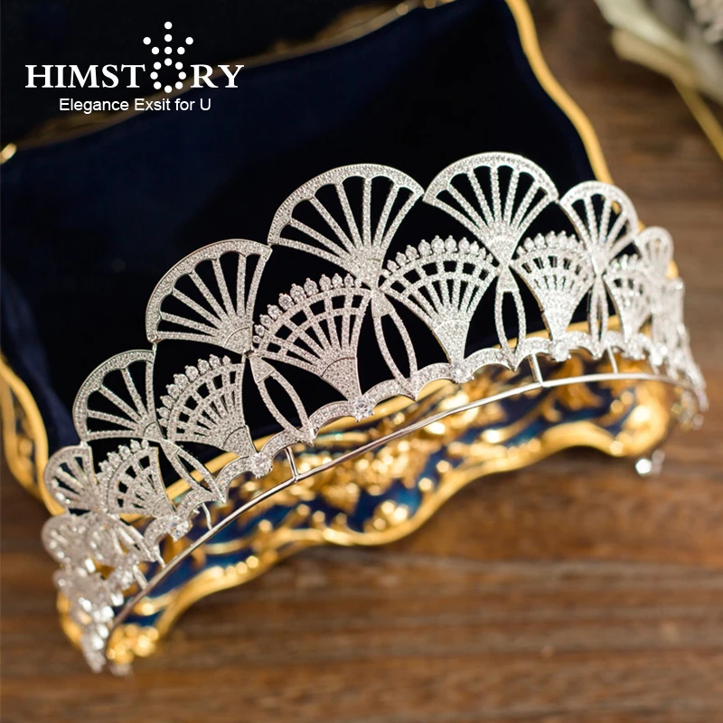 

Himstory Gorgeous Micro Paved Zircon Crown Full Cubic Zirconia Fan Shape CZ Tiaras Princess Diadema Wedding Hair Accessories