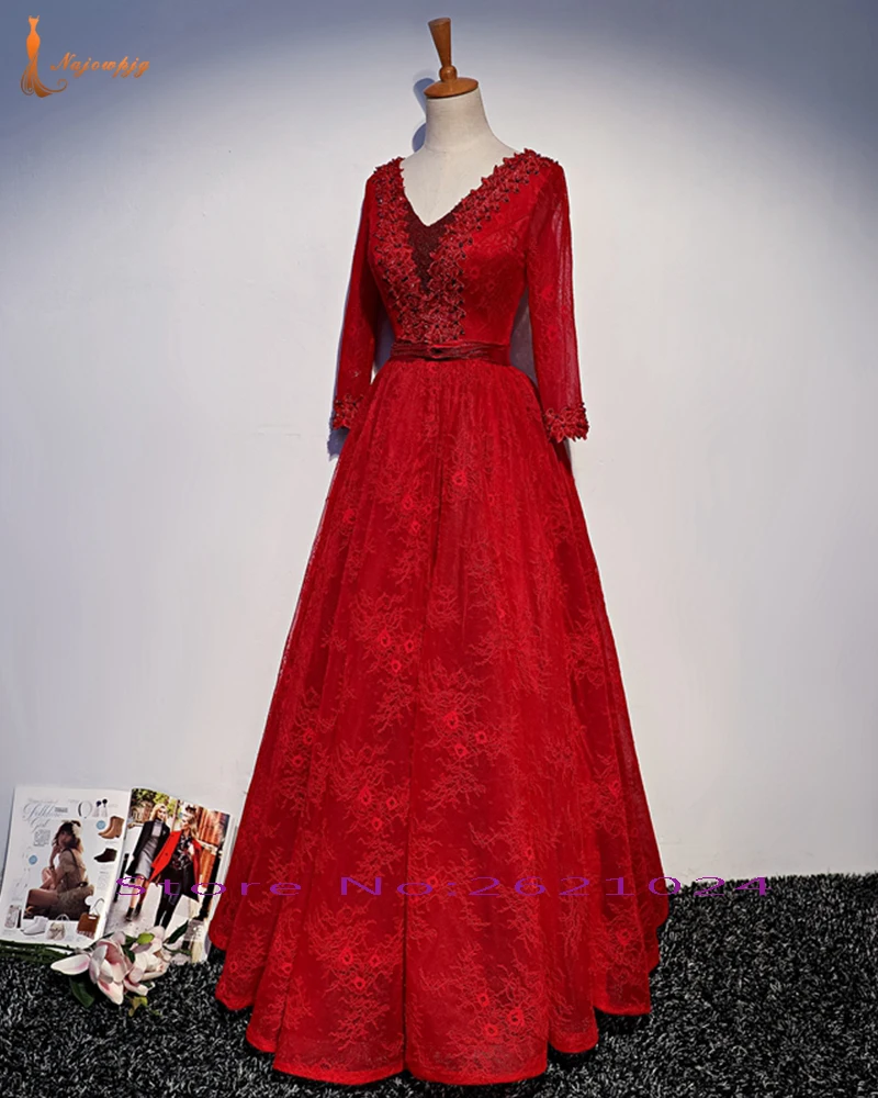 Новое поступление Красное Кружевное Вечерние платья Vestido De Festa с v-образным