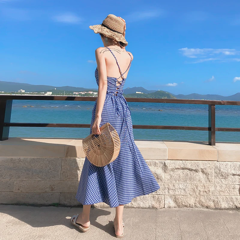 Винтажное пляжное платье с юбкой годе сексуальное богемное в клетку