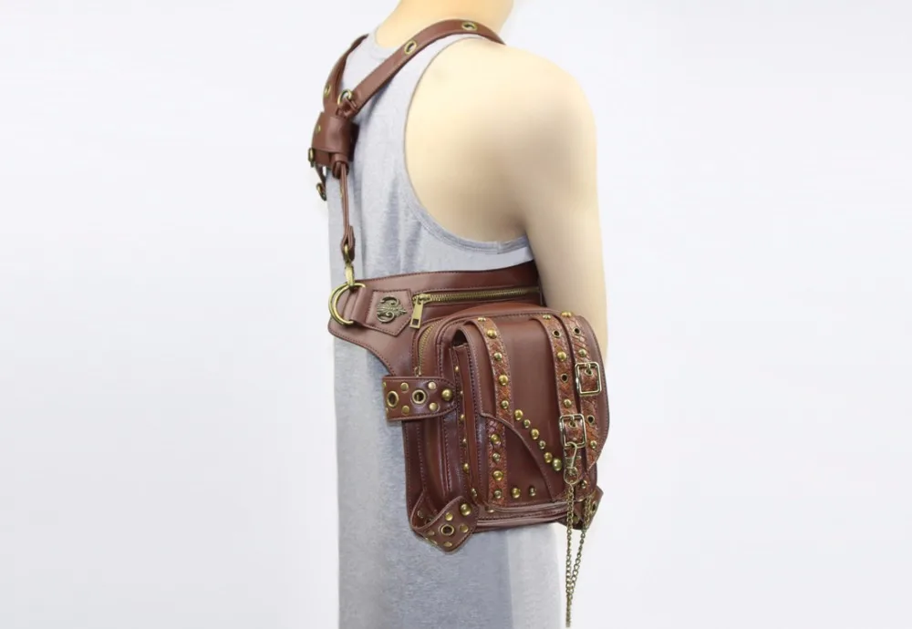 Gear Duke Steampunk Waist Pack Bag Retro Rock Gothic brown Fanny Bag Pack Shoulder Bag Vintage Men Women Leather Leg Bag