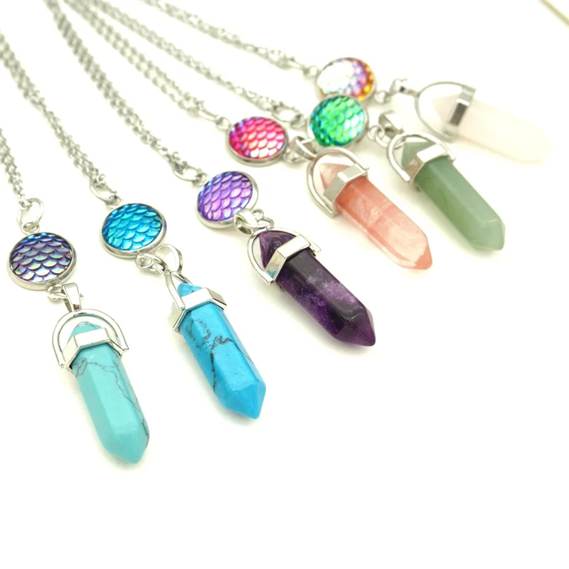 Весы русалки рыбные весы ожерелье шестиугольная призма натуральный камень кулон