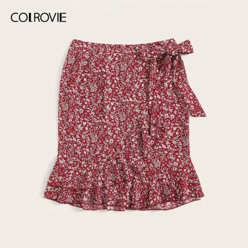 COLROVIE, желтая Цветочная юбка с рюшами и бантом, Женская мини-юбка в стиле бохо, летняя красная одежда для пляжного отдыха, женские юбки