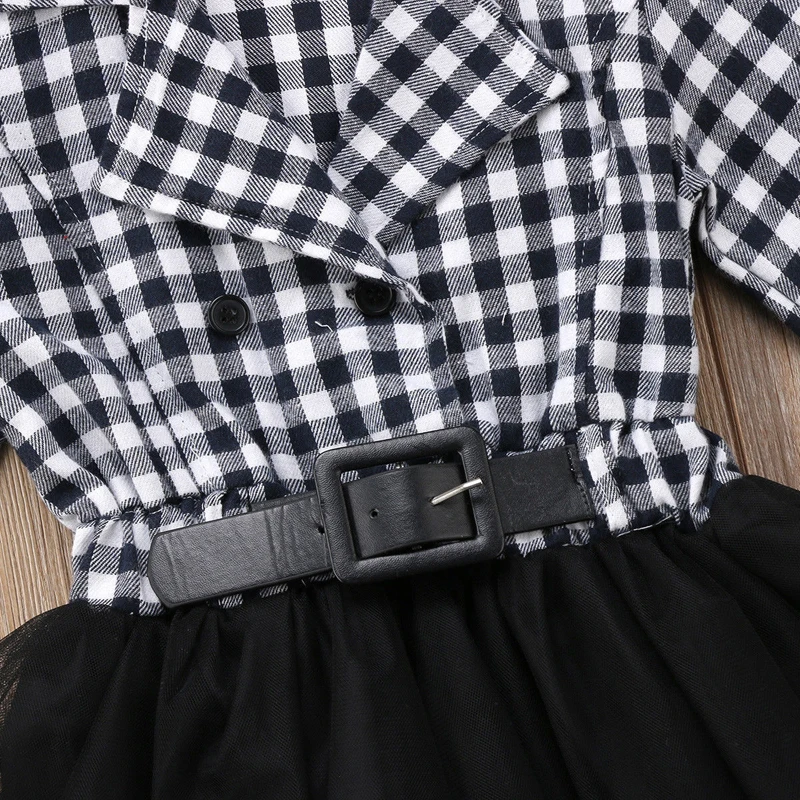2018 Fashion Casual Cute Newborn Baby Girls Cotton Long Sleeve Turn-down Collar Black White Plaid Sashes Lace Tutu Dress 2-7Y | Детская