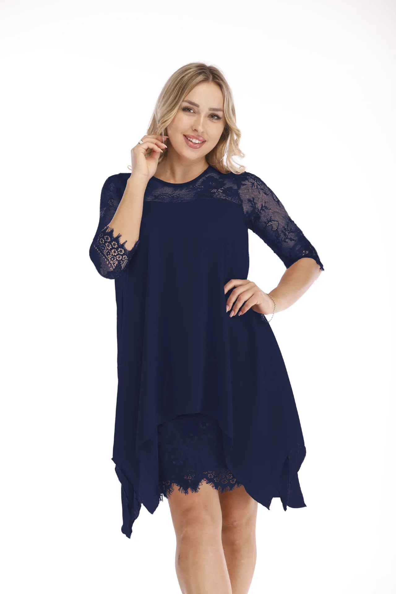 Dark blue Новинка, модное женское кружевное платье, повседневное, свободное, рукав до локтя, элегантное платье с круглым вырезом, одноцветное, большой размер 3XS-5XL - Цвет: Dark blue