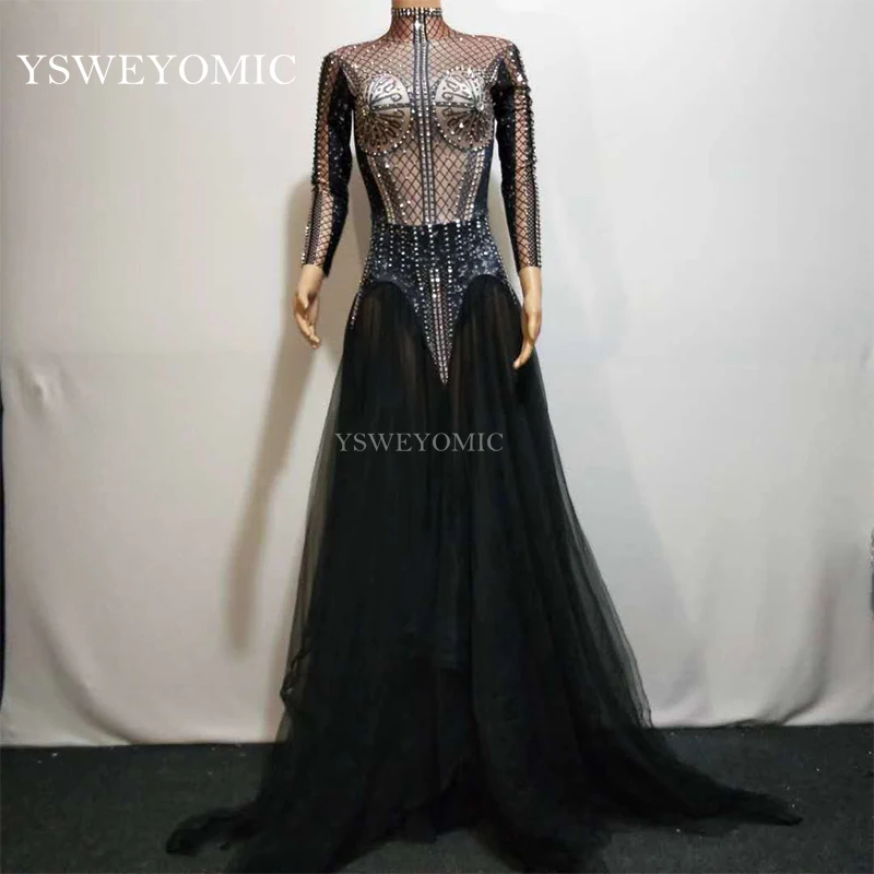 

2019 Fashion Black Net Dress Women Sexy Birthday Celebrate Rhinestones Dress Performance Costume Dance Dress