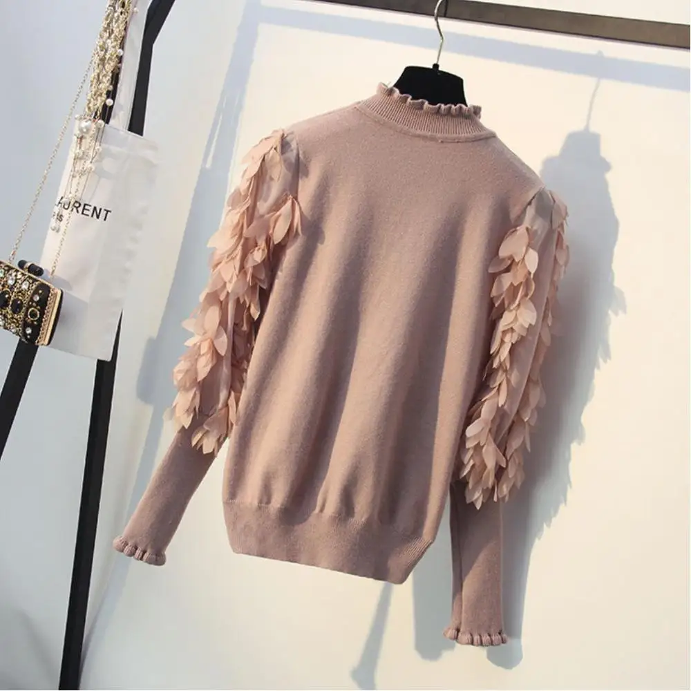 Half-high collar Sweater Women's Head Loose Autumn And Winter Mesh Leaf Mosaic Lantern Sleeve B ottoming | Женская одежда