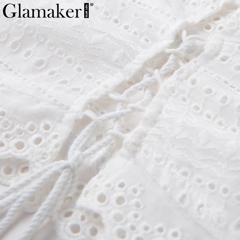 Женский короткий топ Glamaker белый с открытыми плечами на лето со шнуровкой