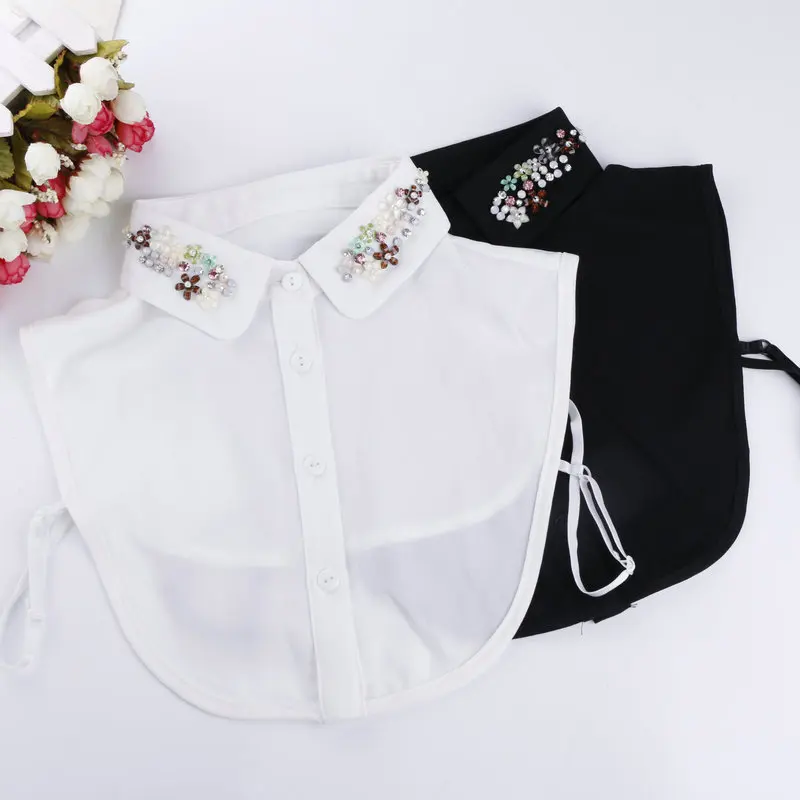 

Women Collar Neckline Chiffon Crystal Floral Shirt Fake Collar Rhinestone Beaded Peter Pan Lapel False Detachable Collar Blouse