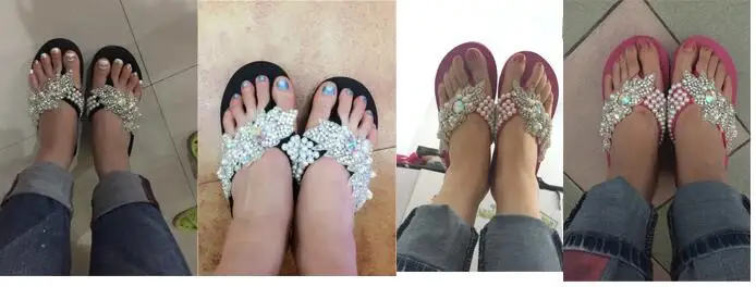 Hahaflower/летние женские босоножки; сандалии без застежки с блестящими кристаллами и жемчугом ручной работы; шлепанцы без задника в богемном стиле; туфли на танкетке и платформе