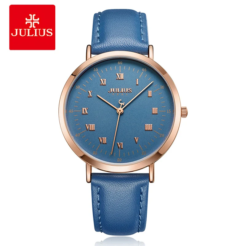 Женские классические часы Julius синие кожаные с браслетом и большим циферблатом