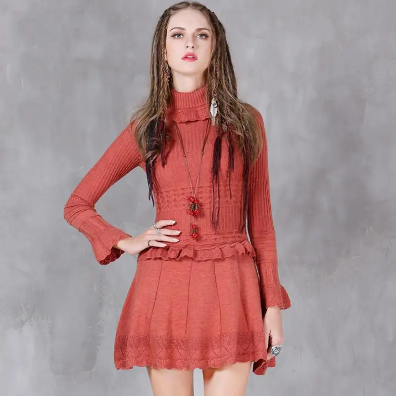 Зимнее женское платье Yuzi. may Boho Новое хлопковое шерстяное платье трапециевидной формы с высоким воротом и оборками комбинированное вязаное платье A8176 - Цвет: Red