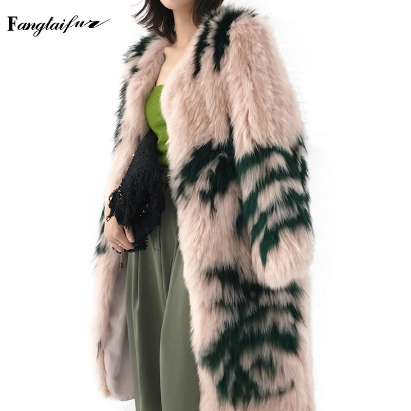 

Ftangaiur Winter Women Jacket Weave Women Import Fox Fur Coat O-Neck Loss Fox Fur Coat Contrast Color Real X-Long Fox Fur Coats