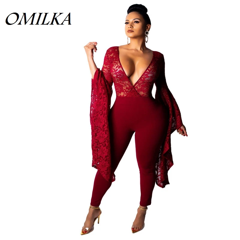 

OMILKA 2018 Autumn Women Flare Sleeve V Neck Lace Bodycon Rompers and Jumpsuits Sexy Black Red Club Party See Through Overalls