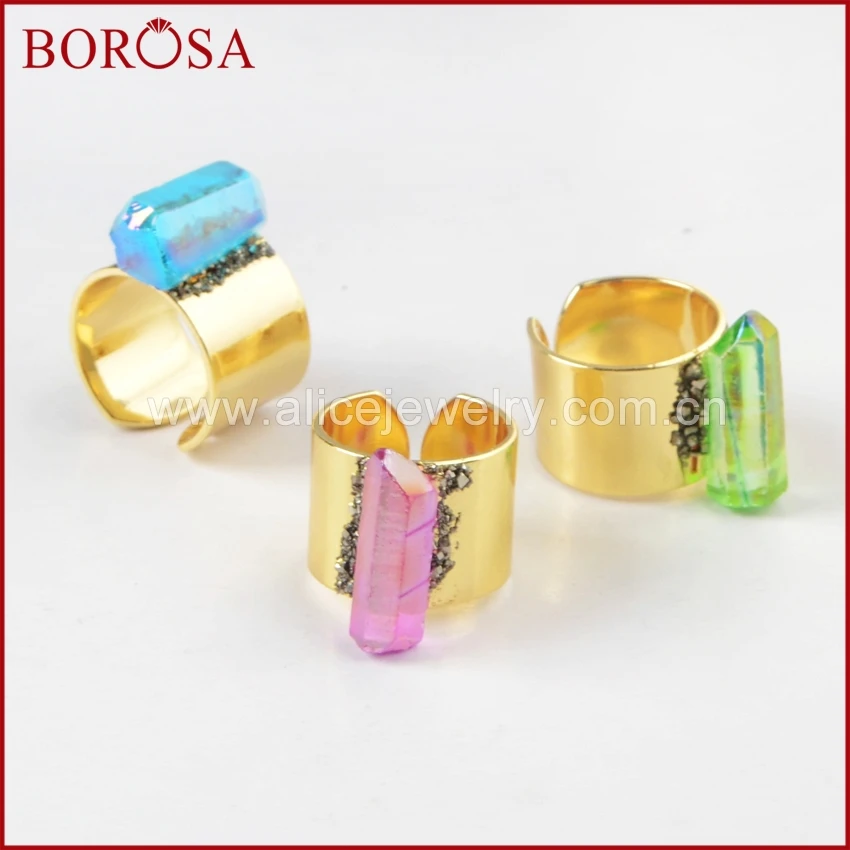 BOROSA Druzy Титан Радуга аура кварцевый Кристал острый кольцо с золотой полоской