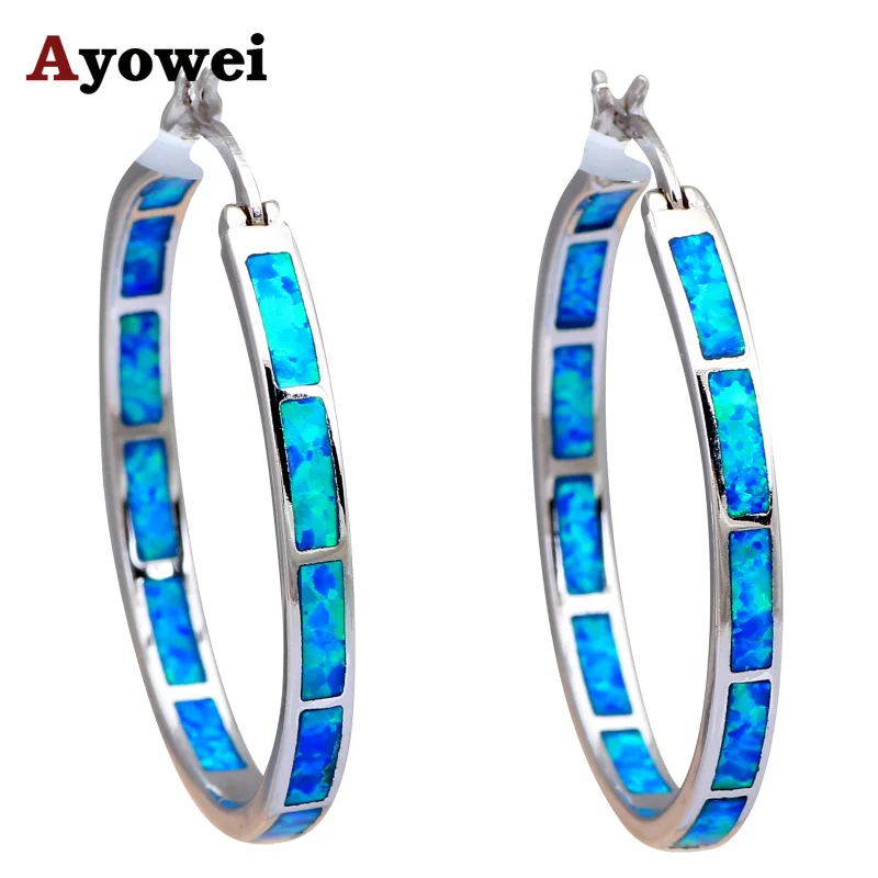 Женские серьги кольца с опалом Большие серебряные сережки белым огненным