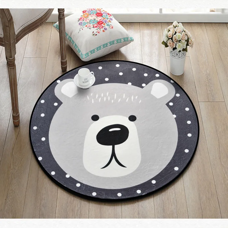 

White Grey Cartoon Animals Bear Fox Panda Round Tapete For Living Room Bedroom Home Decor Carpet Rug Children Kids Soft Play Mat