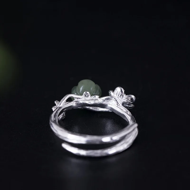 

925 Sterling Silver Opening Rings for Women Green Jasper and Red Cubic Zircon Plum Blossom Branch Ring Female Fine Jewelry
