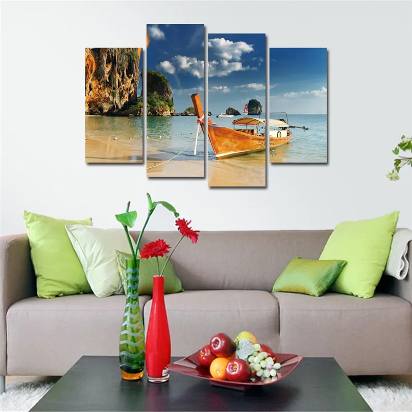4 панели лодка Холст Картина пляж живопись на холсте Куадрос decoracion красоты