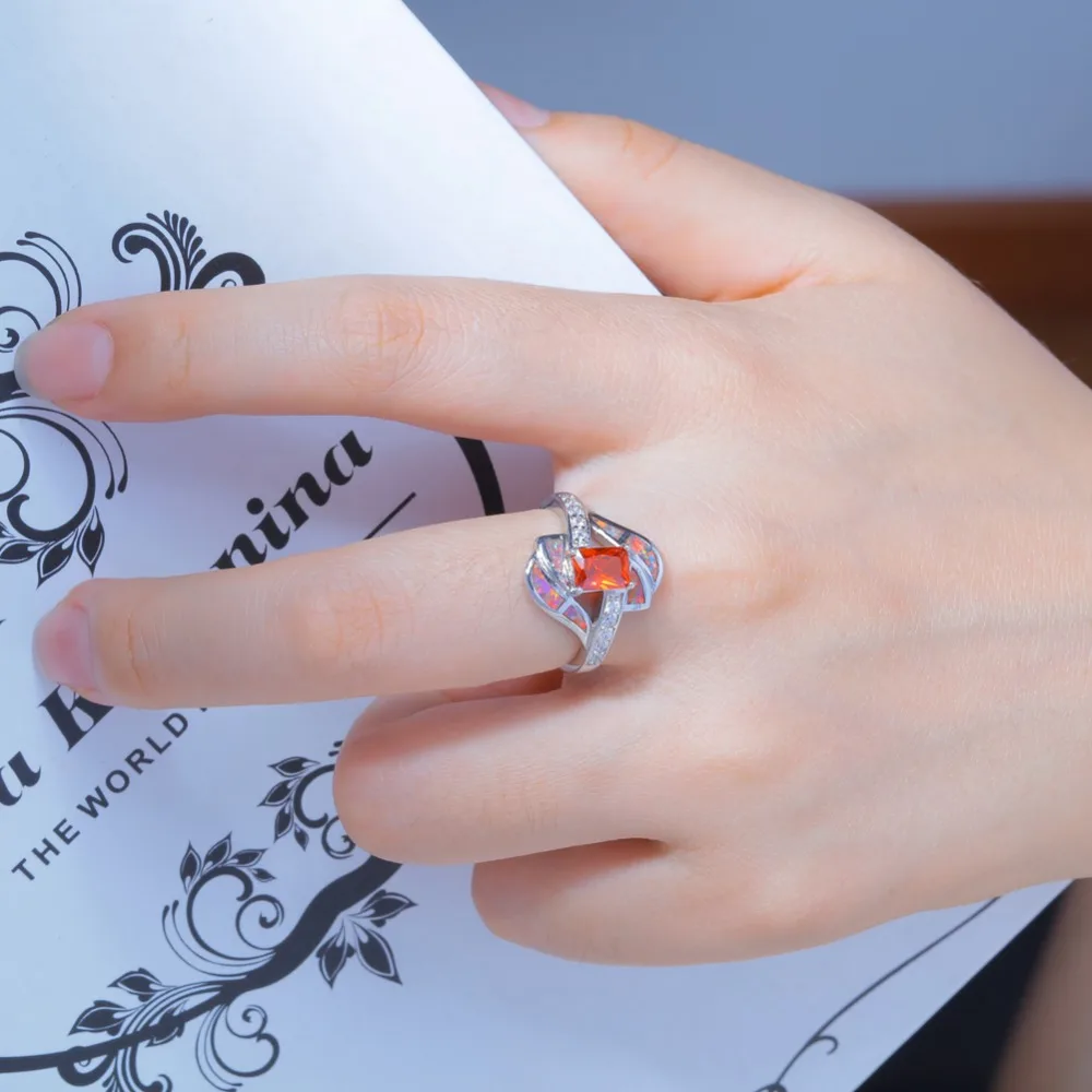 Кольцо на палец CiNily Orange Fire Opal с фианитами и кристаллами посеребренное покрытие
