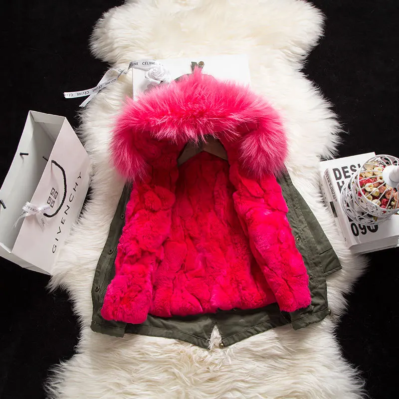 JKP натурального меха кролика Rex куртка с большим меховым воротником для девочек и