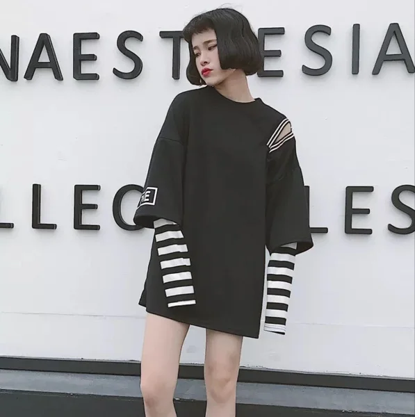 Новинка футболка в стиле Харадзюку из двух частей для женщин корейские полосатые