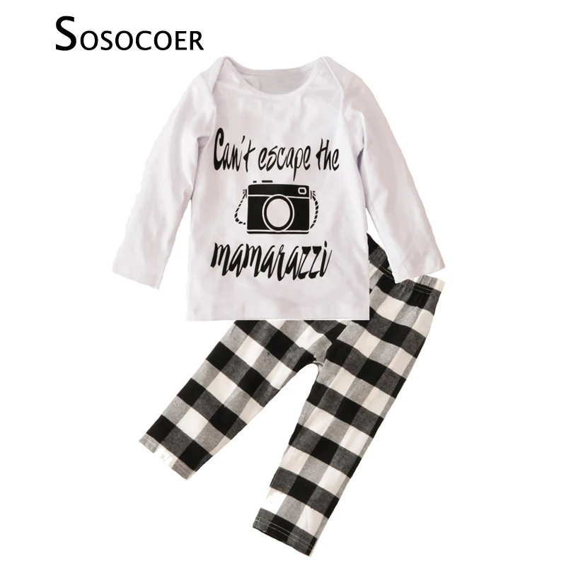 

SOSOCOER Toddler Boys Clothing Set Autumn Cartoon Camera T Shirts+Plaid Pants 2pcs Baby Clothes Fashion Letter Boy Clothing Sets