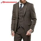 Твидовый костюм Abruzzomaster, коричневые шерстяные мужские костюмы в елочку, свадебные смокинги в елочку, пиджак в елочку + брюки + жилет