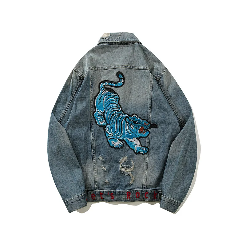 Мужские джинсовые куртки с вышитыми тигром и надписью свободная потертая рваная