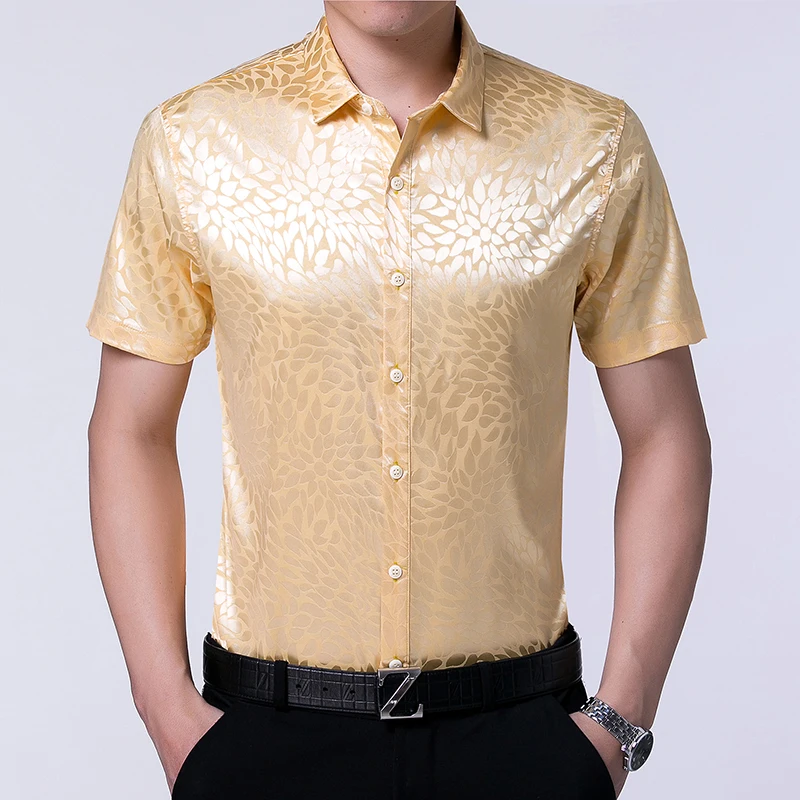 Рубашка мужская атласная с коротким рукавом шелковая сорочка в повседневном и
