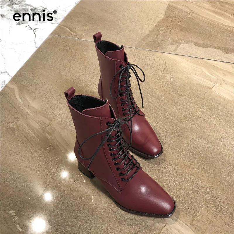 ENNIS/ г. Осенние ботинки до середины икры женские ботинки на шнуровке обувь на высоком каблуке женские ботинки из натуральной кожи модная обувь белого и черного цвета, A930