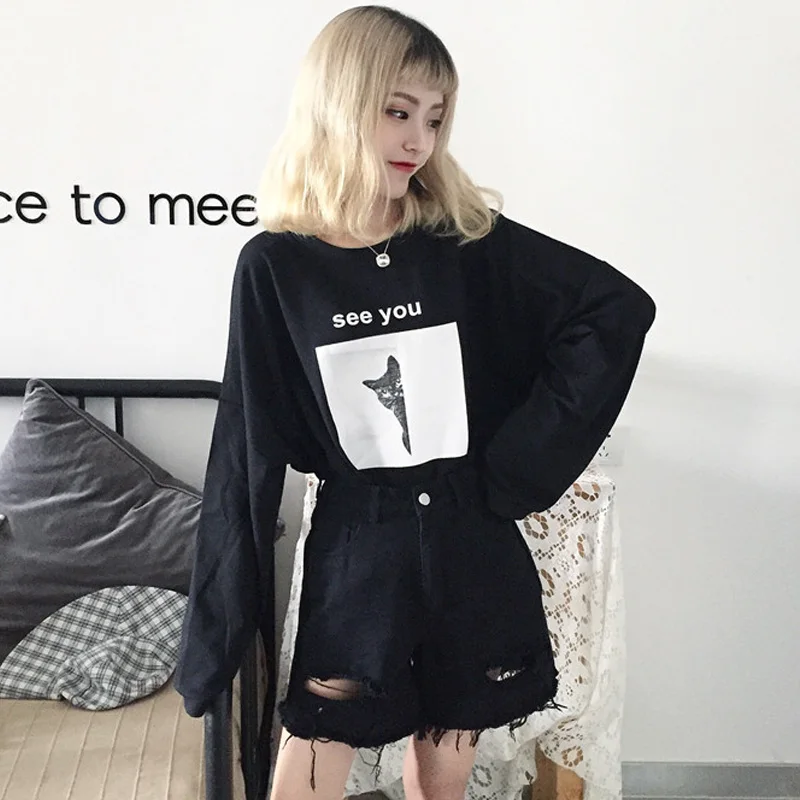 Женские негабаритные Футболки Осень с круглым вырезом kawaii мультфильм печатных свободные Harajuku футболка корейский стиль хип хоп студенческие футболки шикарный топ