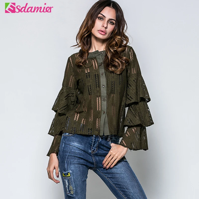 Новые модные кружевные рубашки с рюшами женские зеленые черные белые